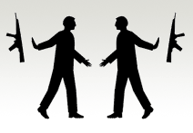 Scherenschnittartige Darstellung zweier Personen, die aufeinander zugehen, um sich die Hand zu reichen. Hinter sich werfen sie jeweils eine Waffe fort.