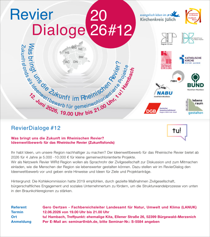 RevierDialog#12 am 12.06.2026 von 19.00 Uhr bis 21.00 Uhr bei der TU! Hambach, Treffpunkt: ehemalige Kita, Ellener Straße 26, 52399 Bürgewald–Merzenich