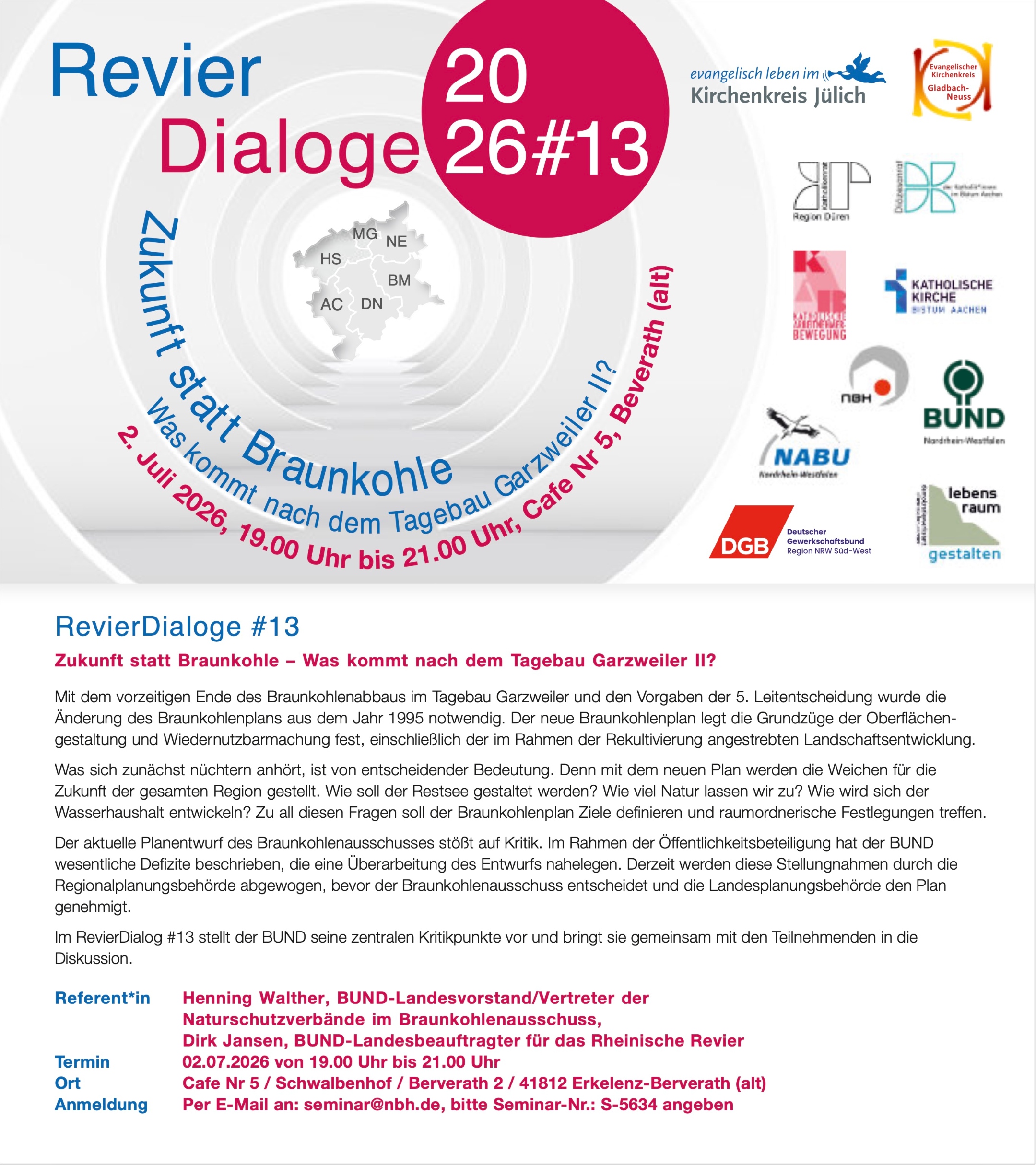 Flyer zum Revierdialog#13 am 02.07, 19.00 - 21.00 Uhr im Cafe Nr 5, Schwalbenhof, Berverath